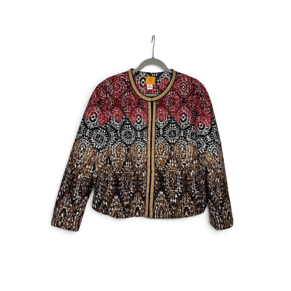 Ruby Rd Womens 16 Quilted Open Front Jacket Studded Trim Abstract Red Black Coat